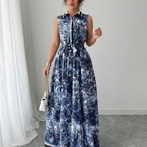 🌿 Sleeveless Navy Toile-Print Maxi Shirt Dress with Waist Tie